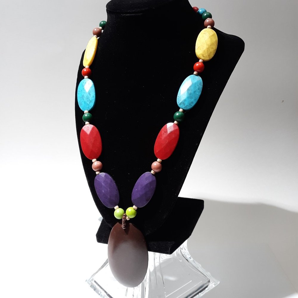 3/$20 Wood Look Necklace Rainbow Multi Color Disk